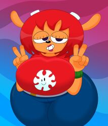  1girls 3barts anthro antlers belt big_breasts breasts busty cervid clothing female female_only huge_breasts lammy_lamb large_breasts looking_at_viewer pants red_hair shirt smile solo thick_thighs thunder_thighs um_jammer_lammy v_sign wide_hips wristwear 