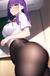  1girls ai_generated ass breasts classroom fate/stay_night fate_(series) female hips huge_ass huge_breasts indoors large_breasts long_hair matou_sakura nai_diffusion panties pantyhose purple_eyes purple_hair school_uniform schoolgirl slim_waist stable_diffusion thick_thighs thighs tights wide_hips 