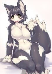  5_fingers anthro arm_support arm_tuft big_breasts big_tail black_and_white_fur black_body black_fur black_hair breasts canid canine chest_tuft curvaceous curvy_figure cute_fangs dipstick_tail elbow_tufts eye_markings featureless_breasts female fingers fluffy fox fur glistening glistening_body glistening_fur hair hip_tuft inner_ear_fluff kemono looking_at_viewer mammal markings multicolored_body multicolored_fur multicolored_tail navel nude open_mouth open_smile pubic_mound sakamata_orca sakamata_orca short_hair simple_background sitting slit_pupils smile solo tuft two_tone_body two_tone_fur voluptuous white_background white_body white_fur wide_hips wrist_tuft yellow_eyes 