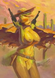  anthro belt big_breasts breasts cactus cape chaps clothed clothing cowboy cowboy_hat cowboy_outfit fangs featureless_crotch female firearm forked_tongue green_body green_scales gun gun_holster handgun hat headgear headwear hi_res holding_gun holding_handgun holding_object holding_pistol holding_weapon legwear neracoda nipple_piercing nipples non-mammal_breasts outerwear outside piercing pistol plant ranged_weapon reptile revolver scales scalie snake solo sunset tactical_nudity tongue tongue_out topless weapon wild_west 