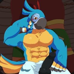  abs accessory anthro armpit_hair avian beak bird blue_body body_hair breath_of_the_wild genitals hi_res kass_(tloz) looking_at_viewer looking_seductive male male_only muscular muscular_male nintendo pecs penis rito shrouded_tiger solo tail the_legend_of_zelda tuft yellow_body yellow_eyes 