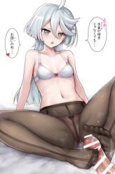  1boy ahoge arm_support bangs bar_censor bare_arms bare_shoulders bed_sheet black_bow blunt_ends blush bow bow_bra bow_panties bra breasts brown_pantyhose censored clothed_sex collarbone commentary_request crotch_seam erection feet female footjob front-seamed_legwear grey_eyes grey_hair gundam gundam_suisei_no_majo hair_between_eyes heart heavy_breathing knees_out_of_frame leaning_back legs long_hair looking_at_another miorine_rembran navel no_shoes panties panties_under_pantyhose pantyhose parted_lips penis pink_panties precum r-binon red_bow seamed_legwear sitting small_breasts solo_focus speech_bubble spoken_heart spread_legs stomach straight sweatdrop toes translation_request twitching_penis two-footed_footjob underwear underwear_only v-shaped_eyebrows white_background white_bra 