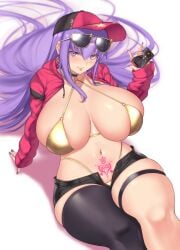  1girls alternate_version_available aster_crowley bb_(fate) bikini bimbo booty_shorts breasts fate/extra_ccc fate/grand_order fate_(series) female gold_bikini hat hips huge_breasts light-skinned_female light_skin long_hair massive_breasts naughty_face pubic_tattoo purple_eyes purple_hair short_shorts shorts suggestive_look textless thick_thighs thighs wide_hips 