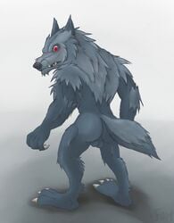  anthro blue_fur color furry furry_only league_of_legends male male_only nude red_eyes simple_background smooth_skin solo standing testicles uncensored warwick 