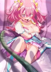  1futa areolae ayanakitori breasts breasts_out clothed clothing decensored exposed_penis flaccid functionally_nude futa_only futa_sans_balls futanari futasub human light-skinned_futanari light_skin magical_girl mostly_clothed nipples pink_eyes pink_hair short_hair sitting solo surprised tentacle torn_clothes twintails uncensored 