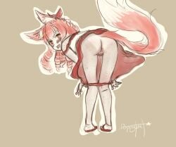  1girls anus bent_over blush brat brown_eyes dress drill_hair female female_only female_pubic_hair fox_ears fox_girl fox_tail freckles from_behind looking_at_viewer looking_back original original_character panties panties_around_leg panties_down panty_pull petite poppytart pubic_hair puffy_pussy pussy red_hair ribbon sketch solo tanline teasing tira_(poppytart) tongue_out 