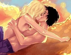  annabeth_chase black_hair blonde_hair breasts canon_couple kissing percabeth percy_jackson percy_jackson_and_the_olympians tagme topless viria13 