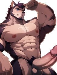  1boy abs ai_generated animal_ears anthro bara bare_pectorals blue_eyes blush body_hair brown_hair bulge chest_hair completely_nude dark_blue_hair erection facial_hair feet_out_of_frame forked_eyebrows furry furry_male goatee happy_sex jaguar_ears large_pectorals long_sideburns male male_focus male_only mature_male medium_hair muscular muscular_male navel navel_hair nipples nude pectoral_press pectorals penis short_hair sideburns solo solo_male stable_diffusion stomach thick_thighs thighs tight topless_male uncensored veins veiny_penis wolf_boy 