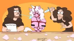  2020 angry anthro anthrofied arin_hanson ball_gag beard bodily_fluids bondage bound breasts censored censored_breasts closed_eyes clothed clothing cursed_image danny_sexbang digital_media_(artwork) egoraptor equid equine facial_hair female fur furniture gag game_grumps group hair horn human imminent_death knife male male/female mammal meme nude open_mouth reading restraints rope rope_bondage rope_harness shirt shoocharu signature simple_background spitting_on_face stuffing submissive table topwear torture trio unicorn weapon 