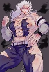  1girls anger_vein angry biceps blood cleavage cleavage_cutout dorohedoro ear_piercing earrings fighting grey_background gritted_teeth large_breasts long_hair looking_at_another muscles muscular muscular_arms muscular_female muscular_legs navel nipple_piercing noi_(dorohedoro) obliques otamerdraw red_eyes simple_background solo thick_thighs torn_clothes white_hair 