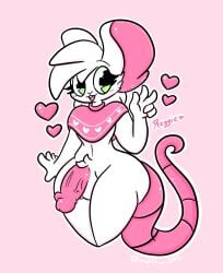  anthro clothed clothing fur genitals green_eyes hair heart hi_res lewdchuu_(artist) male mammal mouse murid murine partially_clothed penis pink_penis pink_tail reggie_(whygena) rodent solo tail vein veiny_penis white_body white_fur white_hair 