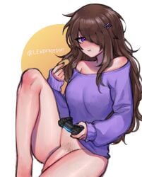  1futa 2022 bare_shoulders big_penis bottomless breasts brown_hair casual casual_nudity chips_(food) clothed clothing comfy cute eating friedcat futa_only futanari hairclip half-erect half_dressed human knee legs light-skinned_futanari light_skin lips long_hair nails nipples_bulge nipples_visible_through_clothing no_panties painted_nails partially_clothed penis penis_out playstation_controller ps4_controller pubic_hair purple_eyes shoulders snack soft_penis solo sweater thick thick_legs thick_thighs thighs unique_eyes 