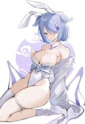  1girls bare_shoulders big_breasts blue_hair bunny_ears bunny_tail bunnysuit cleavage dragon_girl dragon_wings elira_pendora elira_pendora_(2nd_costume) exposed_shoulders footwear hair_covering_eye hair_over_one_eye hair_wings head_wings kimono_down legwear looking_at_viewer mole mole_on_breast nijisanji nijisanji_en oimo_buster one_eye_covered one_eye_obstructed one_stocking short_hair socks solo solo_female solo_focus stocking thick_thighs thigh_strap thighhighs thighs virtual_youtuber x_hair_ornament yukata_down 