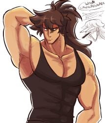  abs arms_behind_back arms_up awooga bara brown_hair guilty_gear guilty_gear_strive headband jack-o&#039;_valentine mask meme ponytail scruffyturtles sol_badguy 