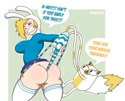 2022 2girls adventure_time ass black_eyes blonde_hair blue_panties blush breasts cake_the_cat emmmmiiii english_text fionna_the_human_girl gritted_teeth hood impossible_clothes large_breasts looking_back one_eye_closed panties panty_pull shimapan short_hair size_difference skindentation skirt skirt_lift standing striped_panties tagme text thick_thighs thighhighs thighs wedgie yuri 