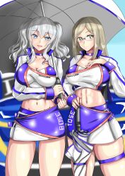  2girls blue_choker blue_eyes blue_skirt breasts brown_hair choker closed_umbrella crop_top cropped_jacket glasses green_eyes holding_umbrella jacket kantai_collection kashima_(kantai_collection) katori_(kantai_collection) ken_(shutenndouji1) large_breasts light-skinned_female light_skin long_hair looking_at_viewer midriff navel open_jacket painted_fingernails planted_umbrella race_car race_queen skirt thigh_strap twintails umbrella under_umbrella white_crop_top white_hair 