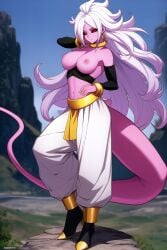  ai_generated android_21 android_21_(evil) black_sclera breasts breasts_out colored_sclera dragon_ball high_heels pink_skin red_eyes tail white_hair 