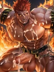  1boy abs ai_generated bara bare_pectorals beard body_hair bound_wrists bulge chest_hair chest_harness clothing_cutout completely_nude cross_scar cum cum_in_clothes cum_on_body cum_on_boy cum_on_clothes cum_on_pectorals ejaculation erection facial_hair feet_out_of_frame fiery_hair fire flaming_eye goatee hairy handsfree_ejaculation happy_sex harness large_pectorals lightning long_sideburns male_focus male_only mature_male muscular muscular_male navel navel_hair nipples nude pectoral_press pectorals penis projectile_cum short_hair sideburns solo stable_diffusion stomach thick_thighs thighs tight topless_male uncensored upper_body veins veiny_penis white_hair yellow_eyes 