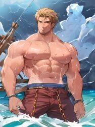  1boy abs ai_generated bara bare_pectorals biceps blonde_hair body_hair bound_wrists bulge cuffs facial_hair handcuffs large_pectorals lightning male_focus male_swimwear mature_male muscular muscular_male navel navel_hair nipples pants pectorals short_hair sideburns solo stable_diffusion stomach stubble swim_briefs swim_trunks thick_thighs thigh_cutout thighs topless_male water wet wet_clothes 