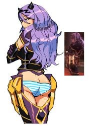  1girls 3amsoda absurdres alternate_version_available armor ass ass_cleavage boots butt_crack camilla_(fire_emblem) crossed_arms english_commentary expressionless fake_horns female female_only fire_emblem fire_emblem_fates from_behind greaves highres horns long_hair looking_to_the_side nintendo panties print_panties purple_eyes purple_footwear purple_hair reference_inset screencap_inset shimapan simple_background solo striped striped_panties thigh_boots underwear vertical-striped_panties vertical_stripes white_background 