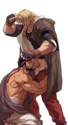  2boys against_wall bara beard black_hair black_tank_top blonde_hair blush breath clothed_sex clothes_pull coat coupe erection facial_hair feet_out_of_frame gay grabbing_another&#039;s_hair headband highres ken_masters large_pectorals male_focus male_only male_pubic_hair male_underwear male_underwear_pull mature_male midriff_sarashi moustache multiple_boys muscular muscular_male official_alternate_costume open_clothes open_coat oral_sex pants pants_pull pectoral_cleavage pectorals penis pubic_hair public_indecency red_pants ryu_(street_fighter) sarashi sash short_hair squatting street_fighter stubble suck_him_dry sweat tank_top underwear veins veiny_penis white_background white_male_underwear yaoi yuiofire 
