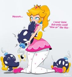  1girls 3boys anthro blonde_hair blue_eyes blush blushing bob-omb bomb cum_in_mouth cum_on_clothes english_text fellatio female female_focus female_lifting_male hyperflannel kiss_mark lifting lipstick lipstick_mark lipstick_on_balls lipstick_on_penis male mario_(series) multiple_boys princess princess_peach simple_background skirt small_but_hung tagme text white_lipstick 