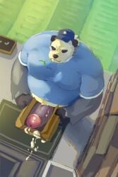 2023 2:3 absurd_res anthro belly big_belly black_body black_nose blush bodily_fluids clothing cum delivery_(commerce) delivery_employee detailed_background erection flowamai generation_6_pokemon genital_fluids genitals hat headgear headwear hi_res leaf male male_only moobs nintendo overweight overweight_male pangoro penis pokemon pokemon_(species) shirt solo topwear white_body 