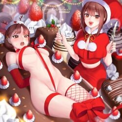  2girls :d ? arms_behind_back artist_name blush breasts brown_eyes brown_hair cake capelet covered_nipples dessert elbow_gloves emily_dyer emma_woods female fishnet_thighhighs fishnets food fork fruit fur-trimmed_gloves fur_collar fur_trim gloves hair_ornament hat heart heart_in_mouth highres hip_bones identity_v knife large_breasts multiple_girls naked_ribbon navel open_mouth pencil_skirt pom_pom_(clothes) potetos7 red_capelet red_clothing red_gloves red_ribbon red_skirt ribbon santa_hat short_hair single_thighhigh skirt smile star_(symbol) star_hair_ornament strawberry thigh_strap thighhighs whipped_cream 