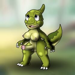  1futa anthro balls breasts dinosaur don_bluth ducky_(the_land_before_time) erect_penis erection futanari genitals green_body green_skin herm intersex looking_up nipples penis reptile scalie solo tail the_land_before_time unknown_artist what 