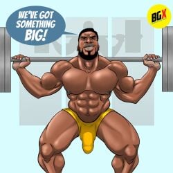  abs african african_male bgx_comics biceps big_bulge big_chest big_pecs bulge bulging_biceps dark-skinned_male dark_skin dialogue english_text huge_bulge huge_chest huge_pecs male male_only melanin muscles muscular muscular_male pecs penis_outline shirtless_male smooth_chest smooth_skin squats squatting thick_thighs thong underwear underwear_only working_out 