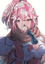  1girls after_fellatio after_oral anna_(fire_emblem) anna_(fire_emblem_engage) black_gloves brown_cape bukkake cape cola_bcde cum cum_in_mouth cum_in_nose cum_on_chin cum_on_face cum_on_hair cum_on_tongue cum_on_upper_body dress facial female female_only finger_to_face finger_to_own_chin fire_emblem fire_emblem_engage gloves hair_in_mouth long_sleeves looking_at_viewer medium_hair nintendo open_mouth oral pink_eyes pink_hair pointing ponytail presenting presenting_mouth pubic_hair pubic_hair_in_mouth red_hair smile solo tongue tongue_out two-tone_dress upper_body white_background white_dress 