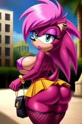  ai_generated ass bikini booty breasts fishnets lips lipstick magenta_fur outside pink_hair purse round_ass seductive skirt slutty_outfit sonia_the_hedgehog sonic_the_hedgehog sonic_the_hedgehog_(series) 