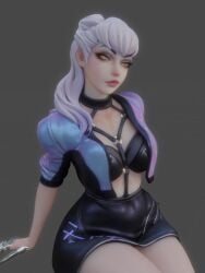  1girls 3d 3d_(artwork) big_ass bra breasts cleavage curvy evelynn eyeshadow female female_only k/da_all_out_evelynn k/da_all_out_series kittyyevil league_of_legends lipstick looking_at_viewer pale_skin ponytail red_lipstick skirt succubus thick_thighs white_hair 