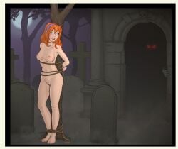  1girls anonymous_character arms_behind_back arms_tied_behind_back bondage bound breasts_apart cleft_of_venus completely_nude_female cross daphne_blake full_body full_moon glowing_eyes gravestone graveyard hanna-barbera monster night nude_female orange_hair outdoors scooby-doo sp0rel0rd tied_to_tree tied_up tombstone tree tree_bondage white_border 