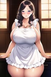  1girls ai_generated apron arm_support bangs bare_shoulders blue_eyes blush breasts cleavage counter covered_nipples curvy drawer frills huge_breasts indoors kitchen lips long_hair looking_at_viewer milf naked_apron novelai original parted_lips solo stable_diffusion standing thick_thighs thighs voluptuous white_apron window 