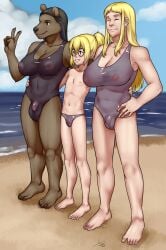  2020 anna_(narm) anthro aogami arm_around_waist balls beach bear big_breasts black_hair blonde_hair breasts brown_body brown_fur bulge clothing cloud eyewear fur genitals gesture glasses group gynomorph hair hand_on_hip herm hi_res human intersex male mammal miles_(the_denizens) mother mother_and_child mother_and_son nipples one-piece_swimsuit parent parent_and_child penis ponytail sand seaside signature sky smile son speedo swimwear translucent translucent_clothing trio trisha_lucato v_sign water 