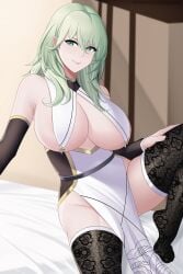 1girls alternate_costume aslindsamure breasts byleth_(fire_emblem) byleth_(fire_emblem)_(female) capelet cleavage female female_only fire_emblem fire_emblem:_three_houses green_eyes green_hair huge_breasts looking_at_viewer medium_hair nintendo nun revealing_clothes sideboob sitting smile solo underboob white_capelet 