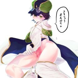  1boy alternate_costume bare_thighs black_hair cosplay elbow_gloves eyewear_on_head femboy fire_emblem fire_emblem_engage flat_chest glasses gloves green_eyes hat japanese_text jean_(fire_emblem) kneeling looking_at_viewer male male_only nintendo pantyhose pelvic_curtain penis priest short_hair sitting smile solo ta_dasu_(tadasu_hayashi) text thick_thighs thighs translation_request undressing white_background 