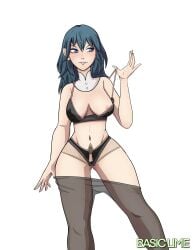  &gt;:) 1girls alternate_version_available areolae ass_visible_through_thighs basic_lime black_panties blue_eyes bra breasts breasts_out byleth_(fire_emblem) byleth_(fire_emblem)_(female) female female_only fire_emblem fire_emblem:_three_houses grin hair_between_eyes legs medium_breasts medium_hair nintendo nipples off_shoulder one_breast_out panties pantyhose pantyhose_down smile solo standing teal_hair underwear undressing upper_body white_background 