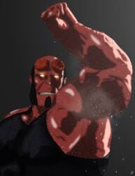  arm_up armpit bara black_hair broken_horn dark_horse demon facial_hair hellboy hellboy_(series) horns injustice_2 male male_only muscles muscular musk red_body red_skin sedblob solo solo_male sweat_stain sweating_profusely sweaty tail tank_top 