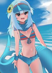  beach belly_button bikini_top blue_eyes dismassd flat_chest flower_in_hair gawr_gura holding_object hololive hololive_english hololive_myth jean_shorts ocean shark_tail striped_clothing striped_swimsuit tagme visor 
