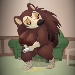  2023 absurd_res animal_crossing anthro big_breasts bodily_fluids breasts brown_body brown_fur controller curvy_figure detailed_background eulipotyphlan female fur game_controller gaming genital_fluids genitals hedgehog hi_res holding_controller holding_object honeymono inside looking_away mammal nintendo nintendo_controller nude nude_female peeing pussy sable_able solo thick_thighs urine voluptuous watersports wii wii_remote 