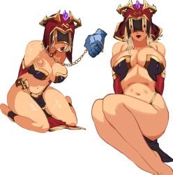  1girls arms_behind_back bare_legs bondage breast_tattoo breasts bursting_breasts chain_leash chains cleavage crossover female female_focus femsub helm helmet kneeling large_breasts leash legs loincloth mercy overwatch pelvic_curtain revealing_clothes slave solo_focus tattoo void_dot_exe 