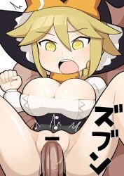  1boy ^^^ bar_censor black_vest blonde_hair blush body_freckles bow breasts buttons censored cleavage cleavage_cutout clothing_cutout commentary cookie_(touhou) female freckles hair_between_eyes hat hat_bow hospital_king kirisame_marisa kohaku_(cookie) large_breasts long_bangs long_sleeves motion_lines open_mouth orange_bow orange_scarf penis pussy reverse_suspended_congress scarf sex shirt short_hair simple_background solo_focus straight touhou vest white_background white_shirt witch_hat yellow_eyes 