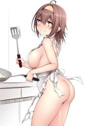  absurdres after_sex apron areola_slip blush breasts brown_hair cooking cum cum_drip cum_in_pussy cumdrip egg_(food) female food frilled_apron frills grin hair_between_eyes hairband heart heart-shaped_pupils highres holding holding_spatula kantai_collection kuromayu looking_at_viewer naked_apron shiratsuyu_(kantai_collection) sideboob simple_background smile solo spatula symbol-shaped_pupils white_apron white_background 