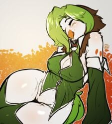  1girls 2016 anthro avante92 avian beak blush bottomless breasts brown_feathers cleavage closed_eyes clothed clothing collar dartrix digital_media_(artwork) feathers female female_only green_feathers green_hair hair hi_res legwear nintendo non-mammal_breasts pok&eacute;morph pokemon pokemon_(species) pokemon_sm pokemorph pussy solo source_request text thick_thighs video_games white_feathers wide_hips 