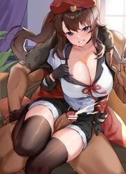  1boy 1girls absurdres bar_censor black_pantyhose black_shorts black_thighhighs blue_eyes breasts brown_hair censored cleavage clothed_female_nude_male cum ejaculation erection female female_commander_(girls&#039;_frontline) girls&#039;_frontline grin highres indoors jacket large_breasts long_hair long_sleeves mr.zhuo no_shoes nude penis projectile_cum red_jacket shirt shorts side_ponytail smile solo_focus straight thigh_sex thighhighs thighs white_shirt 