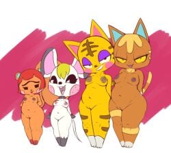  animal_crossing anthro bella_(animal_crossing) breasts buckteeth collar domestic_cat felid feline felis female freckles fur genitals grin group hands_behind_back hazel_(animal_crossing) katt_(animal_crossing) larger_female looking_at_viewer mammal mouse murid murine nintendo nipple_outline nude open_mouth open_smile pussy rodent sciurid simple_background size_difference slightly_chubby smaller_female smile smug squirrel tabby_(animal_crossing) teeth thick_thighs tongue tongue_out tree_squirrel unibrow video_games vono wide_hips 