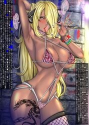  1girls blonde_hair bracelet breasts brick_wall cigarette cynthia_(pokemon) fishnet_bodysuit fishnets grey_eyes gyaru hair_ornament hair_over_one_eye holding_cigarette large_breasts leg_tattoo long_hair looking_at_viewer nintendo one-piece_swimsuit painted_fingernails pokemon pokemon_dppt prostitute prostitute_clothes prostitution ring swimsuit taka-co tattoo tiger_print tiger_print_swimsuit tongue tongue_out 