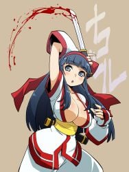  1girls ainu_clothes alternate_breast_size arm_behind_head arm_up armpits big_breasts blood blue_hair blush busty cleavage female female_only fingerless_gloves grey_eyes hair_ribbon large_breasts legs long_hair looking_at_viewer nakoruru pants samurai_shodown snk solo thighs voluptuous weapon 